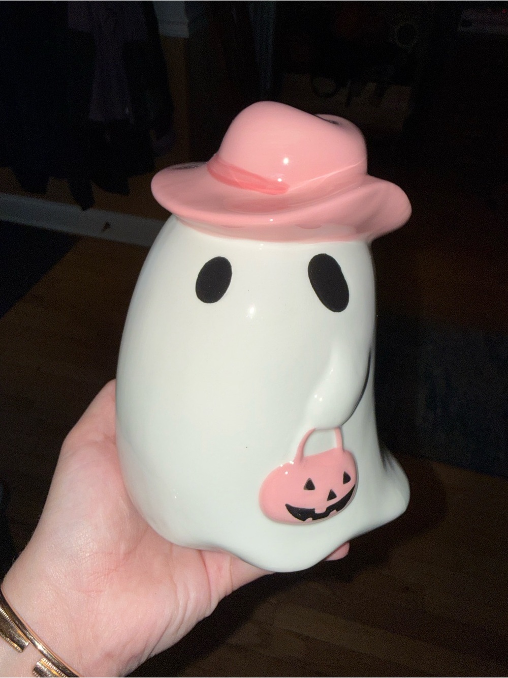 Pink Hat Ghost Halloween Figurine - Ceramic Holiday Decor